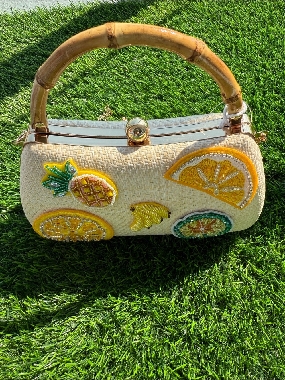 Yellow Fruit Appliqué Straw Handbag with Bamboo Handle - Picture 1 of 4
